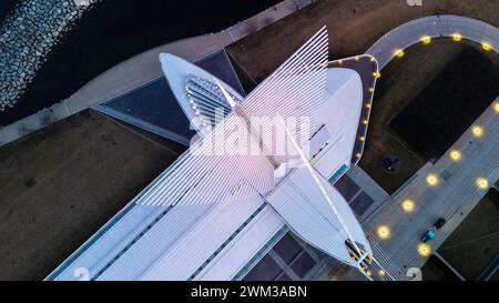 Aerial photograph of Milwaukee Art Museum on a pleasant winter evening. Stock Photo