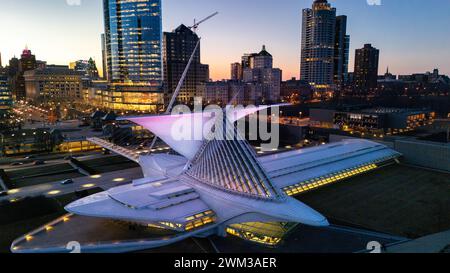 Aerial photograph of Milwaukee Art Museum on a pleasant winter evening. Stock Photo