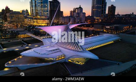 Aerial photograph of Milwaukee Art Museum on a pleasant winter evening. Stock Photo