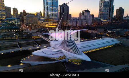 Aerial photograph of Milwaukee Art Museum on a pleasant winter evening. Stock Photo