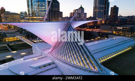 Aerial photograph of Milwaukee Art Museum on a pleasant winter evening. Stock Photo