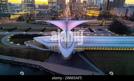 Aerial photograph of Milwaukee Art Museum on a pleasant winter evening. Stock Photo