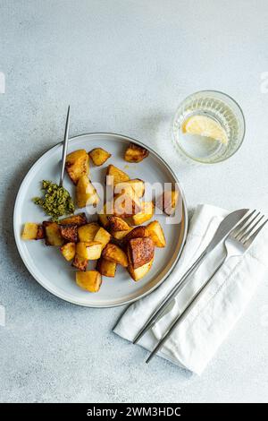 Fried potato with pesto sauce served on the plate with glass of water with lemon slice Stock Photo