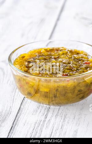 Pickled cucumber relish in the glass bowl Stock Photo