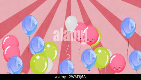 Image of colorful balloons flying over pink background Stock Photo