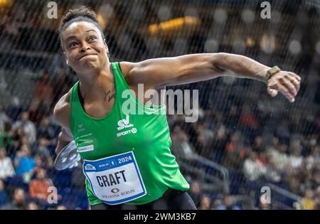 Berlin, Germany. 23rd Feb, 2024. Athletics: Istaf Indoor, men's discus throw duel, Mercedes-Benz Arena. Shanice Craft from SV Halle in action. Credit: Andreas Gora/dpa/Alamy Live News Stock Photo