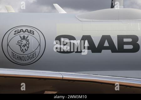 Saab Technologies insignia carried on SE-RMS, a Saab GlobalEye AEW&C demonstrator owned and operated by the Saab Group The aircraft was on static display at the Royal International Air Tattoo 2023 (RIAT 23), held at RAF Fairford in Gloucestershire, England. Stock Photo