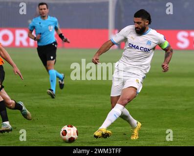 Hamburg, Germany - February 15, 2024: Samuel Gigot of Marseille controls a ball during the UEFA Europa League game against Shakhtar Donetsk at Volksparkstadion in Hamburg Stock Photo