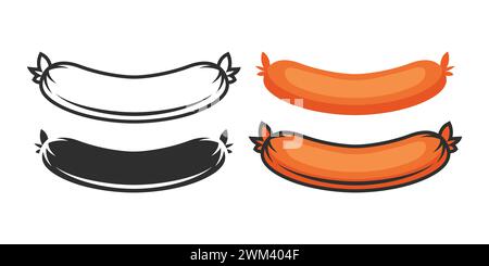 Vector Sausage Icon Set Isolated. Design Template of Cartoon Sausage. Culinary, Cooking, Food Concept. Black and White and Color Sausages in Front Stock Vector