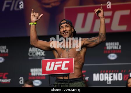 Mexico City, Mexico. 23rd Feb, 2024. February 23, 2024, Mexico City, Mexico: Raoni Barcelos of Brazil poses on the scale during the UFC Fight Night ceremonial weigh-in at CDMX Arena. on February 23, 2024 in Mexico City, Mexico. (Photo by Luis Marin/ Credit: Eyepix Group/Ģ����ý Live News Stock Photo