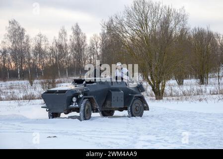 LENINGRAD REGION, RUSSIA - FEBRUARY 05, 2023: Old German armored car Sd.Kfz.247 from the Second World War. Military Historical Park 'Steel Landing' Stock Photo