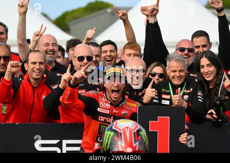 MELBOURNE, AUSTRALIA. 24 February, 2024. Nicolo Bulega(11) of Italy riding the Ducati Panigale V4R celebrates with his Aruba.It Racing - Ducati Team after winning Race 1 of the 2024 World Superbike Championship opening round at Phillip Island Circuit. Credit Karl Phillipson/Alamy Live News Stock Photo