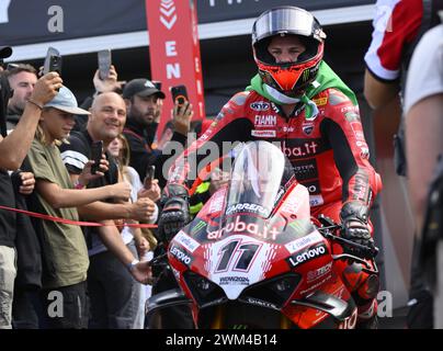 MELBOURNE, AUSTRALIA. 24 February, 2024. Nicolo Bulega(11) of Italy riding the Ducati Panigale V4R for Aruba.It Racing - Ducati takes victory in Race One, Bulega is seen here riding into Parc Ferme at the 2024 World Superbike Championship opening round at Phillip Island Circuit. Credit Karl Phillipson/Alamy Live News Stock Photo