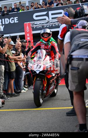 MELBOURNE, AUSTRALIA. 24 February, 2024. Nicolo Bulega(11) of Italy riding the Ducati Panigale V4R for Aruba.It Racing - Ducati takes victory in Race One, Bulega is seen here riding into Parc Ferme at the 2024 World Superbike Championship opening round at Phillip Island Circuit. Credit Karl Phillipson/Alamy Live News Stock Photo