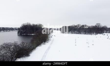 Werdersee, Bremen, Germany drone shot. Winter Birds Eye view of the lake. Stock Photo