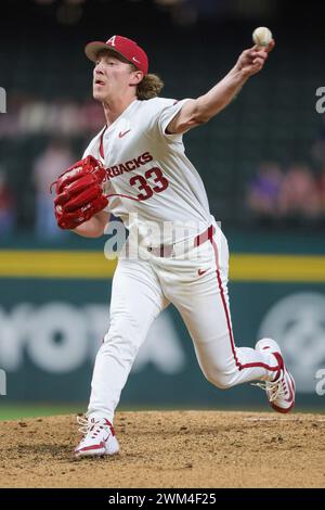 February 23, 2024: Razorback pitcher Jake Faherty #37 jumps with ...