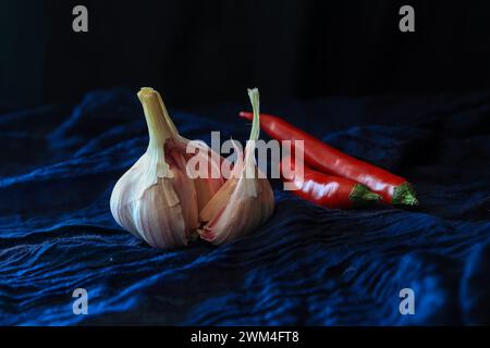 A single garlic torn open and two red fresh chili against dark blue textile background - dark and moody photography Stock Photo