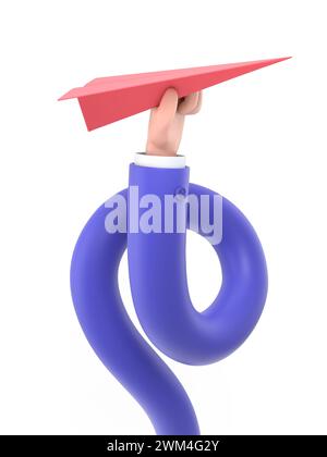 Cartoon Gesture Icon Mockup. paper airplane holding in businessman's hand. Forward to goal concept.Creative imagination. 3D rendering on white backgro Stock Photo