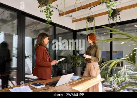 Two happy busy business women talking working in green cozy office. Stock Photo