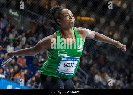 Berlin, Germany. 23rd Feb, 2024. Athletics: Istaf Indoor, men's discus throw duel, Mercedes-Benz Arena. Shanice Craft from SV Halle in action. Credit: Andreas Gora/dpa/Alamy Live News Stock Photo