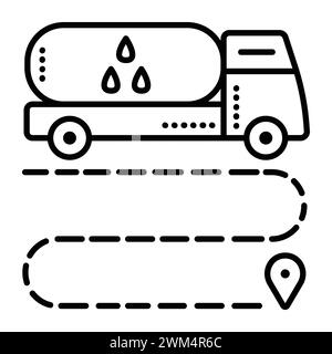 Liquid delivery by truck, tanker truck with a cistern, big vehicle with a tank, black line vector icon Stock Vector