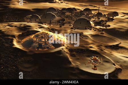 A Flying Saucer Flying Over A Lunar Colony Stock Photo