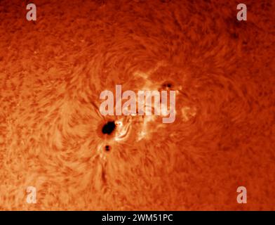 London, UK. 24th Feb, 2024. Closeup of giant sunspot AR3590, a source of Earthbound X class solar flares, the strongest seen since 2017. (Image capture from video sequence of 12,000 frames). Credit: Malcolm Park/Alamy Stock Photo