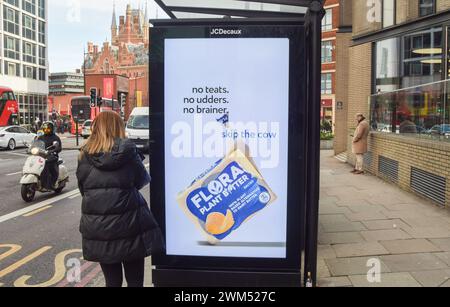 London, UK. 24th February 2024. A woman walks past an advert for Flora plant butter in Central London. Dairy alternatives may be forced to change their names and stop using variations on terms like "milk", "butter" and "cheese" under proposed new rules which claim to prevent confusion between plant-based and dairy products. The proposal has been criticized by plant-based food manufacturers. Credit: Vuk Valcic/Alamy Live News Stock Photo
