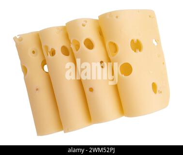 folded slices of cheese isolated on white background with clipping path, pieces of sliced emmental cheese laid out to create layout Stock Photo
