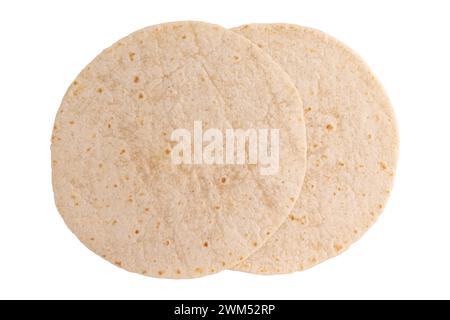 round grain tortilla or pita lavash, two round flat bread from above isolated on white background with clipping path, perfect for making tacos or burr Stock Photo