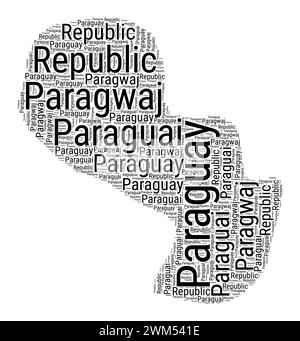 Black and white word cloud in Paraguay shape. Simple typography style country illustration. Plain Paraguay black text cloud on white background. Vecto Stock Vector