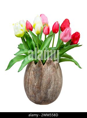 Spring deco with artificail tulips  isolated on white in a vase Stock Photo