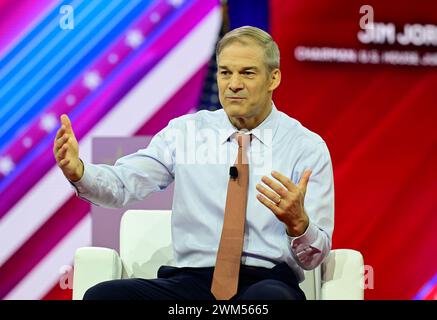National Harbor, Maryland, USA. 23rd Feb 2024. United States Representative Jim Jordan (Republican of Ohio), Chair, US House Committee on the Judiciary is interviewed by Matt Schlapp, chairman of the American Conservative Union during a panel titled “What You Talking Bout Fani Willis?” at the 2024 Conservative Political Action Conference (CPAC) in National Harbor, Maryland, US, on Friday, February 23, 2024. Credit: Ron Sachs /CNP /MediaPunch Credit: MediaPunch Inc/Alamy Live News Stock Photo