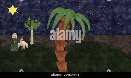 Artistic representation of a shepherd by a palm tree in a natural landscape. Christmas illustration Stock Photo