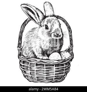 Easter bunny in basket, eggs outline doodle black and white vector illustration for coloring pages or Easter cards design. Stock Vector