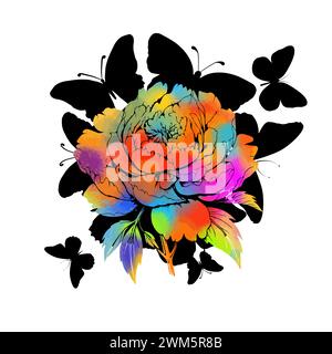 Rainbow flower with black butterflies abstraction. hand drawing. Not AI, Vector illustration Stock Vector
