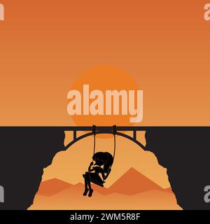 Silhouette of a girl hanging on a bridge at sunset Stock Vector