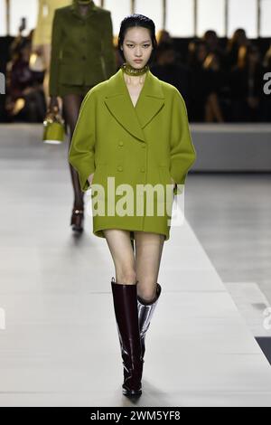 Milan, Italy. 23rd Feb, 2024. A model walks on the runway at the Gucci fashion show during the Fall Winter 2024 Collections Fashion Show at Milan Fashion Week in Milan on February 23 2024. (Photo by Jonas Gustavsson/Sipa USA) Credit: Sipa USA/Alamy Live News Stock Photo