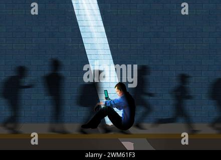 A man looks for a cell signal on urban, man, reception, cellular signal, subway, underground, sitting, sidewalk, loitering, homeless, lost, sunlight, Stock Photo