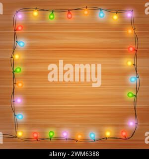 Chrismtas and New year background. Wooden planks with lighting garland festive decoration. Vector strings of colorful round lamps Stock Vector