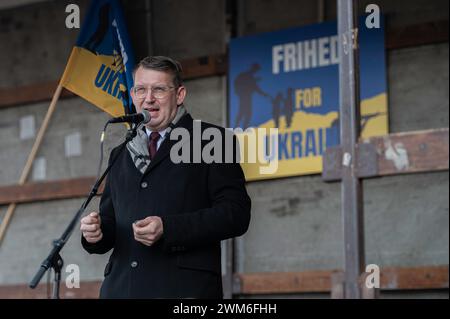 Copenhagen, Denmark, February 24, 2023. Deputy Prime Minister and Minister of Defense Troels Lund Poulsen speaks in front of the Russian Embassy in Copenhagen on the second anniversary of the war. Stock Photo