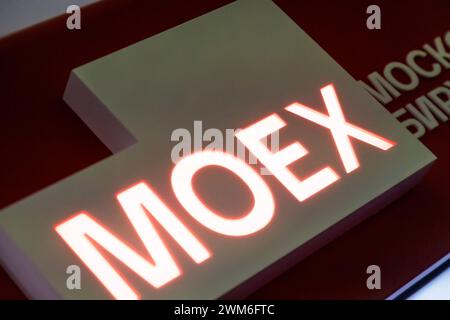 Moscow, Russia. 23rd of February, 2024. View of an advertising installation with the name of the Moscow Exchange company in Moscow, Russia Stock Photo