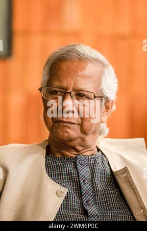 Dhaka, Bangladesh. 23rd Feb, 2024. Dr Muhammad Yunus poses for photos during a portrait session at Yunus Centre in Dhaka. Muhammad Yunus is a Bangladeshi social entrepreneur, banker, economist and civil society leader who was awarded the Nobel Peace Prize in 2006 for finding the Grameen Bank and pioneering the concepts of microcredit and Microfinance. Muhammad Yunus and three colleagues from Grameen Telecom were accused of violating labour laws when they allegedly failed to create a workers' welfare fund. (Photo by Sazzad Hossain/SOPA Images/Sipa USA) Credit: Sipa USA/Alamy Live News Stock Photo