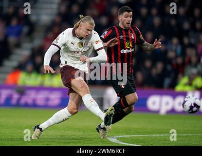 Manchester City's Erling Haaland shoots wide during the Premier League match at the Vitality Stadium, Bournemouth. Picture date: Saturday February 24, 2024. Stock Photo