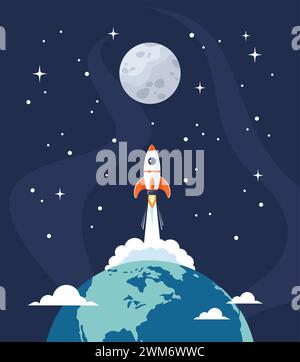 Space rocket launch from Earth globe to Moon, vector illustration in flat style Stock Vector