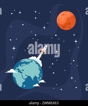 Space rocket launch from Earth to Mars, flat vector illustration Stock Vector