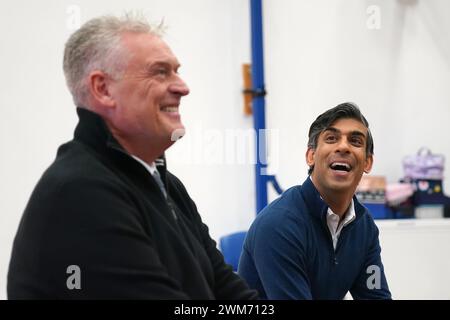 File photo dated 04/01/24 of Prime Minister Rishi Sunak, with Lee Anderson MP for Ashfield (right), during a visit to Woodland View Primary School in Sutton-in-Ashfield, Nottinghamshire. Mr Anderson has had the Conservative whip suspended after making a widely criticised claim that London Mayor Sadiq Khan was controlled by 'Islamists'. Issue date: Saturday February 24, 2024. Stock Photo