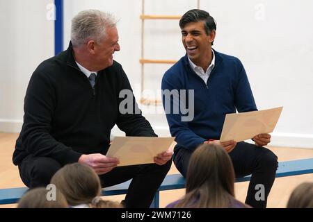 File photo dated 04/01/24 of Prime Minister Rishi Sunak, with Lee Anderson MP for Ashfield (right), during a visit to Woodland View Primary School in Sutton-in-Ashfield, Nottinghamshire. Mr Anderson has had the Conservative whip suspended after making a widely criticised claim that London Mayor Sadiq Khan was controlled by 'Islamists'. Issue date: Saturday February 24, 2024. Stock Photo