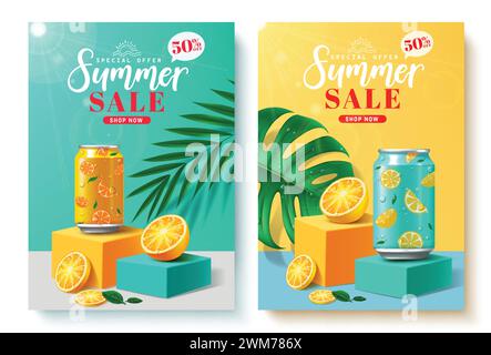 Summer sale text vector poster set. Summer sale special offer promo discount with soda drinks orange flavor in podium stage for tropical season Stock Vector