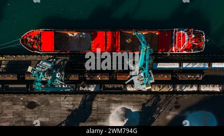 Top-down view of a bulk carrier being loaded with raw materials at an industrial dock. The ship's deck is open, revealing the vast cargo hold as heavy machinery facilitates the transfer. Stock Photo